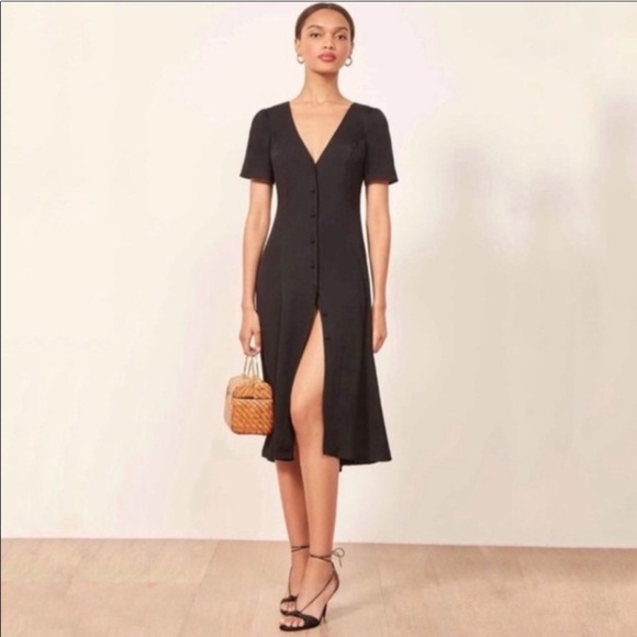 Reformation Dresses & Skirts - Reformation Locklin button Down V Neck Midi Black Dress Size 4
